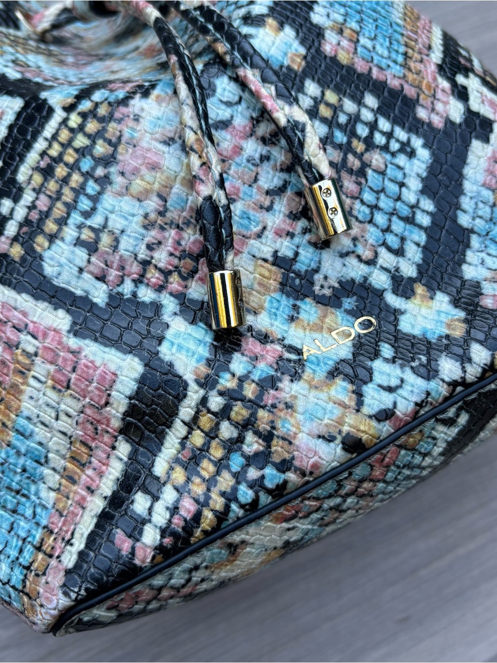 Aldo Multicolor Python Snake-Print Drawstring Bucket Bag - Picture 2 of 6